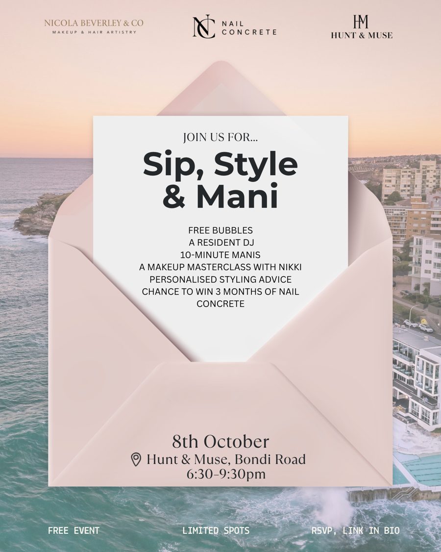 Sip, Style and Mani invite in an envelope over Bondi